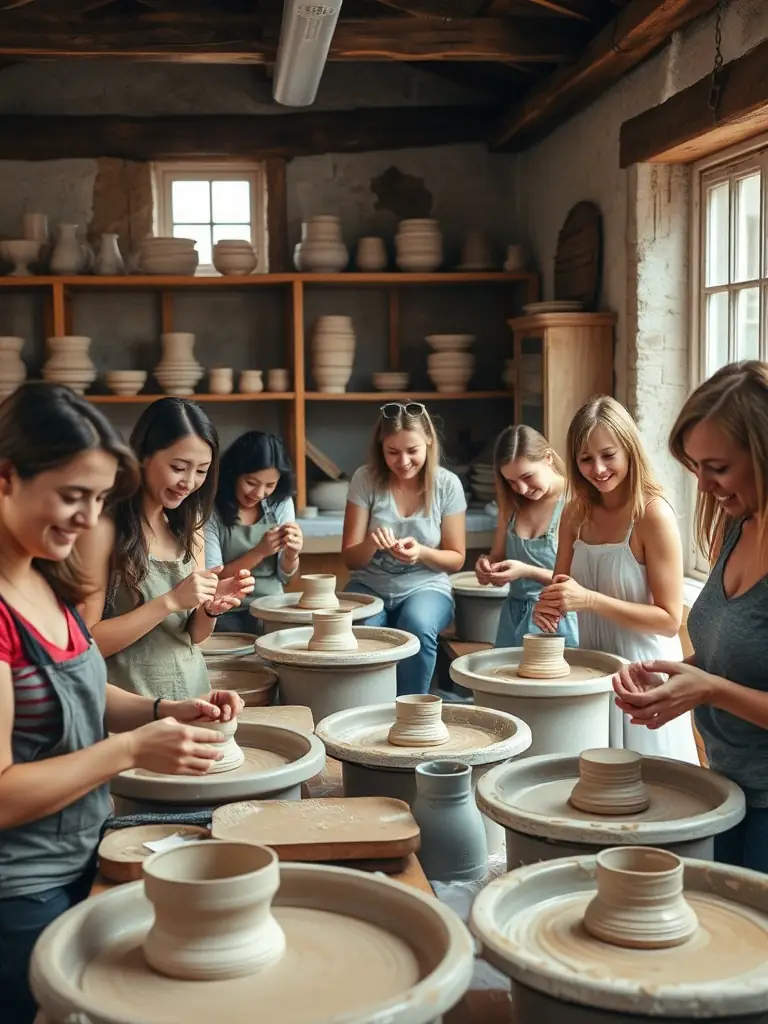 A group of people participating in a pottery workshop, hands covered in clay, smiling and focused on their creations. The setting is a rustic studio with pottery wheels and shelves filled with finished pieces.