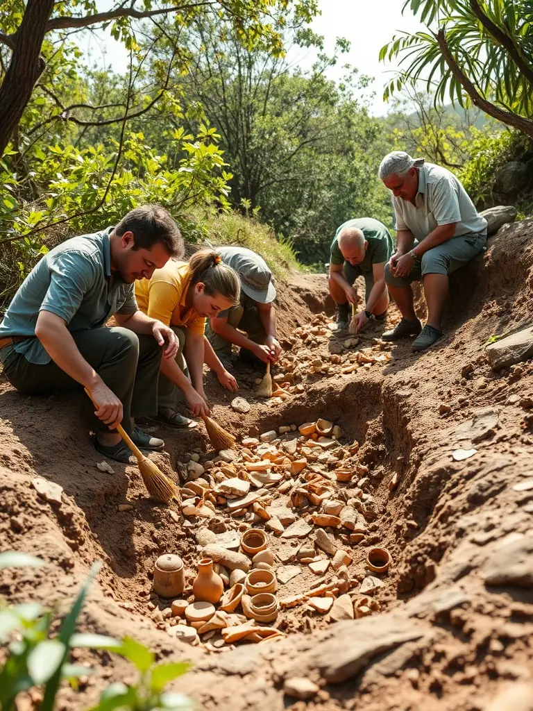 An outdoor scene of an archeological dig, with participants carefully excavating pottery shards and other artifacts, emphasizing the connection to history and cultural heritage.