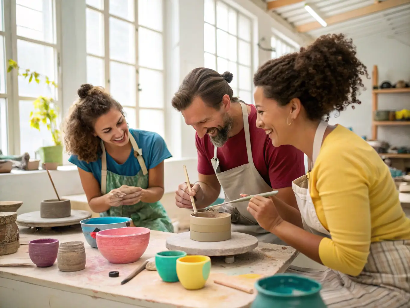 A group of participants gathered around a pottery wheel in a sunlit workshop, hands covered in clay, focusing on shaping their creations. The scene conveys a sense of community, learning, and artistic expression.