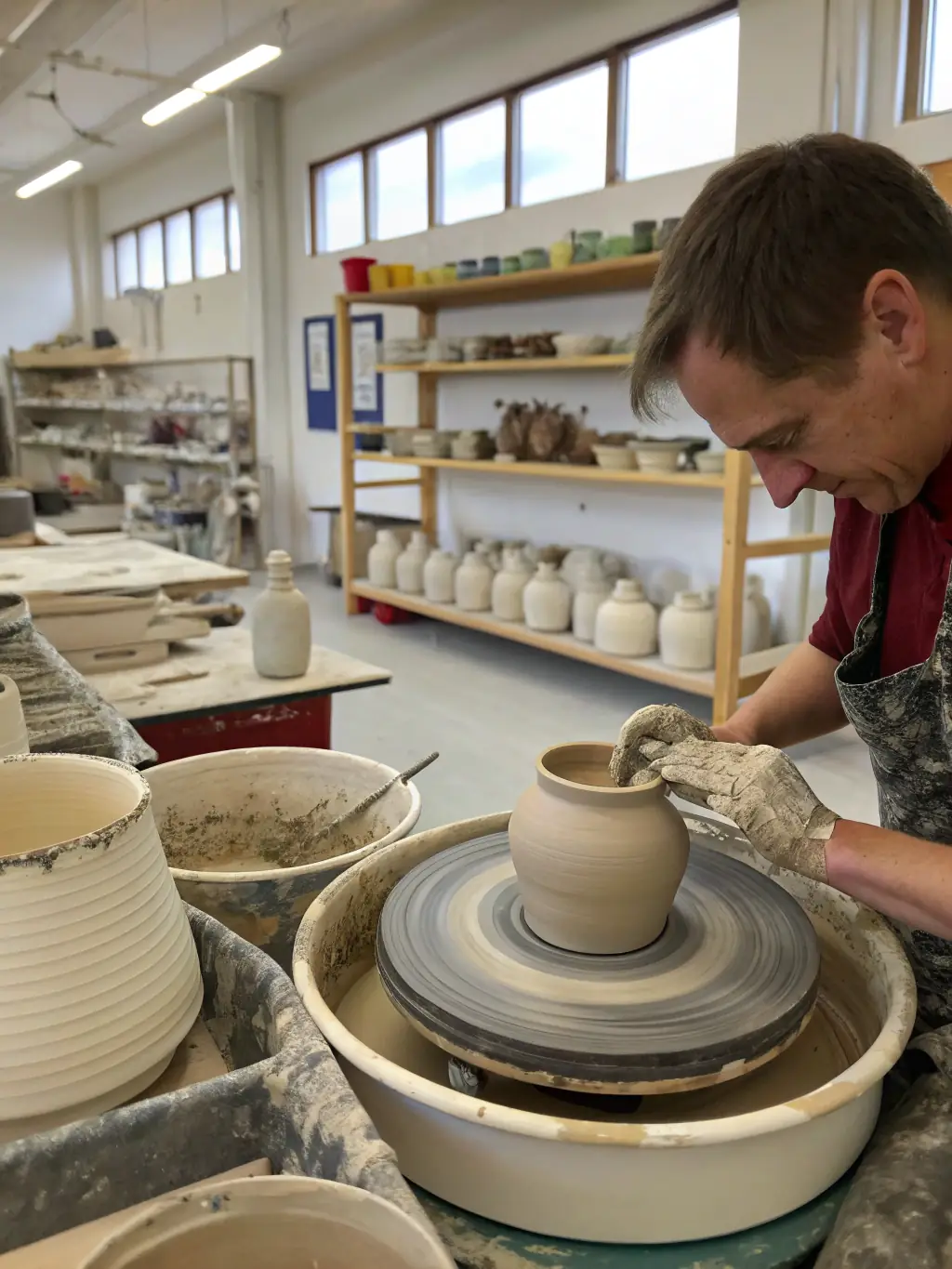 A close-up shot of various ceramic glazes and tools, highlighting the intricate process of glazing and firing pottery at AU GRES DU FEU.