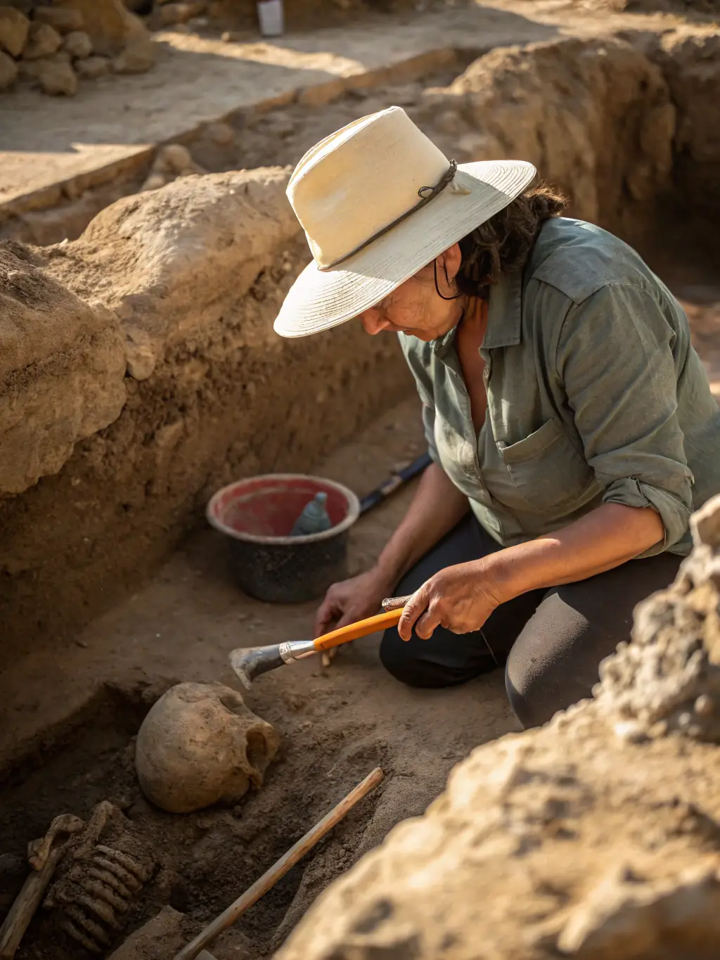 An archeologist carefully brushes dirt off a newly discovered pottery shard at an archeological dig site, emphasizing the historical aspect of AU GRES DU FEU's activities.