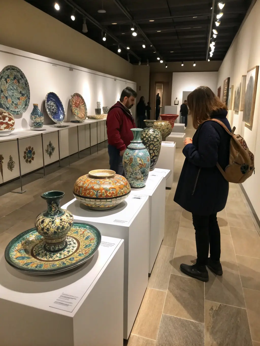 A vibrant display of finished ceramic art pieces at an exhibition, showcasing the diversity of styles and techniques learned at AU GRES DU FEU.
