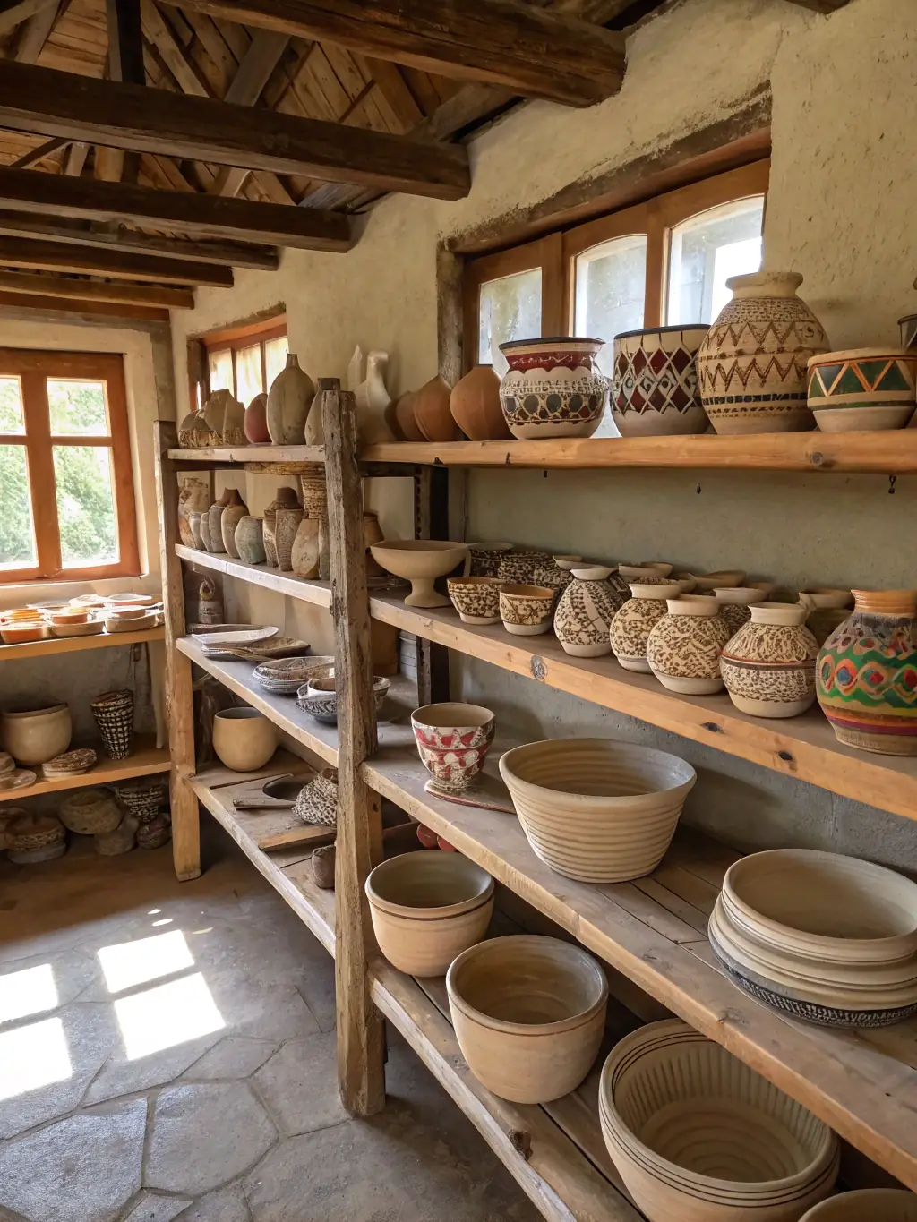 A vibrant display of finished ceramic pieces, showcasing a variety of colors, shapes, and glazing techniques. The background includes elements of a traditional pottery studio, emphasizing the artistic environment of AU GRES DU FEU.