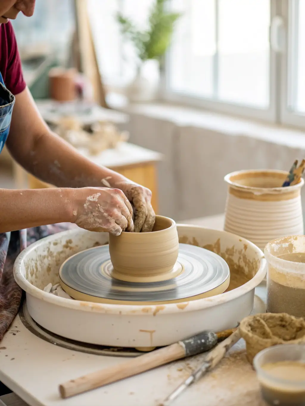 A potter's hands shaping clay on a spinning wheel, bathed in natural light, showcasing the initial stages of pottery creation at AU GRES DU FEU.