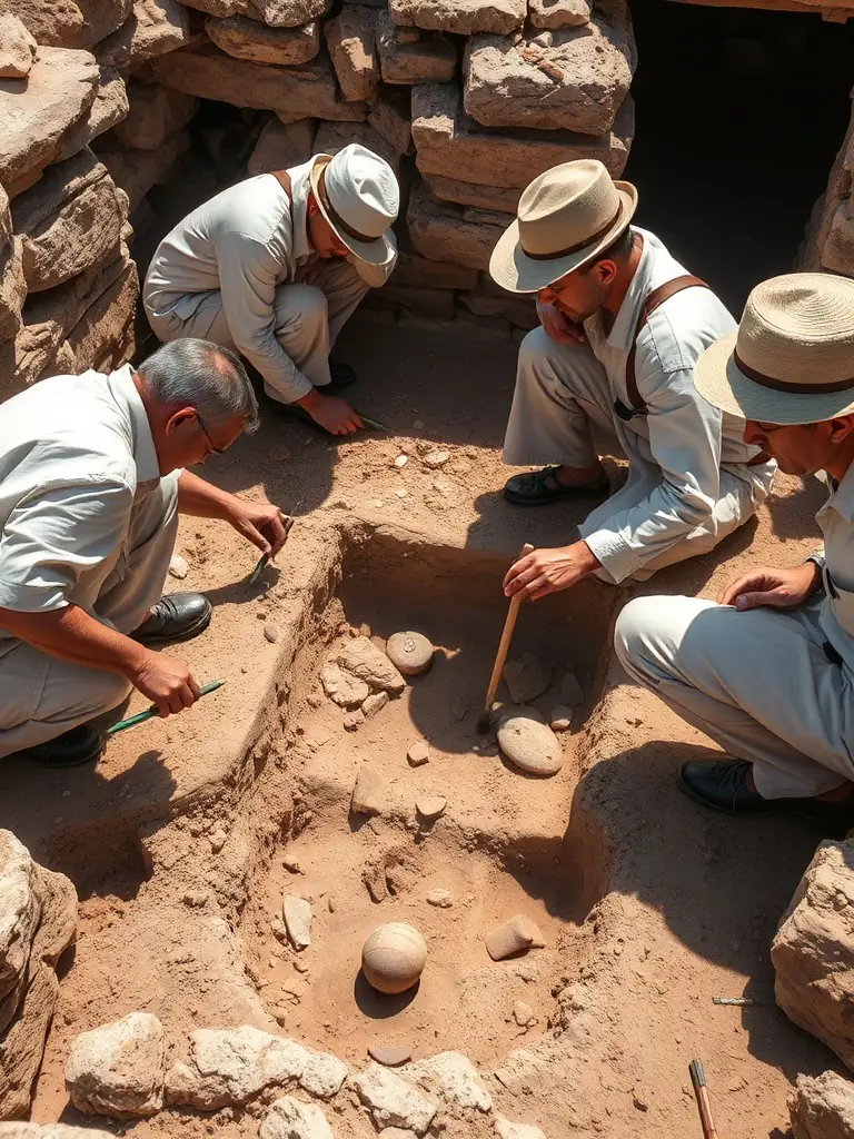 An outdoor scene of an archeological dig, with participants carefully excavating pottery shards and other artifacts. The setting is a natural landscape, emphasizing the connection to history and the environment.