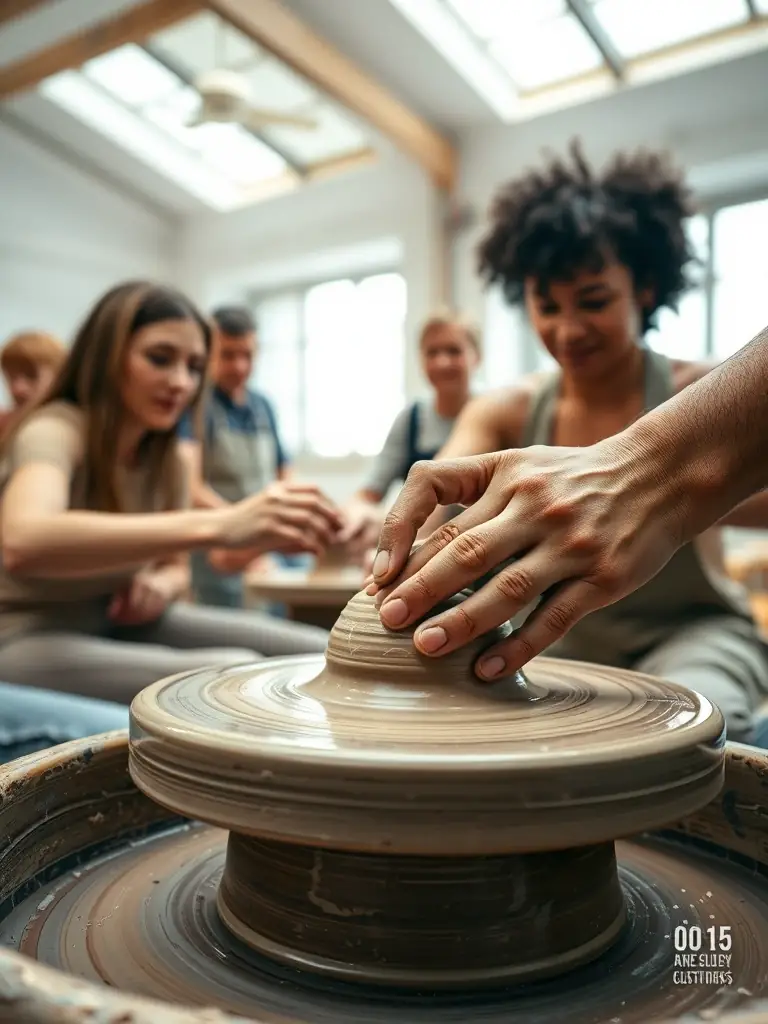 Participants working on ceramic sculptures in a well-lit studio, demonstrating the hands-on approach to learning at AU GRES DU FEU.