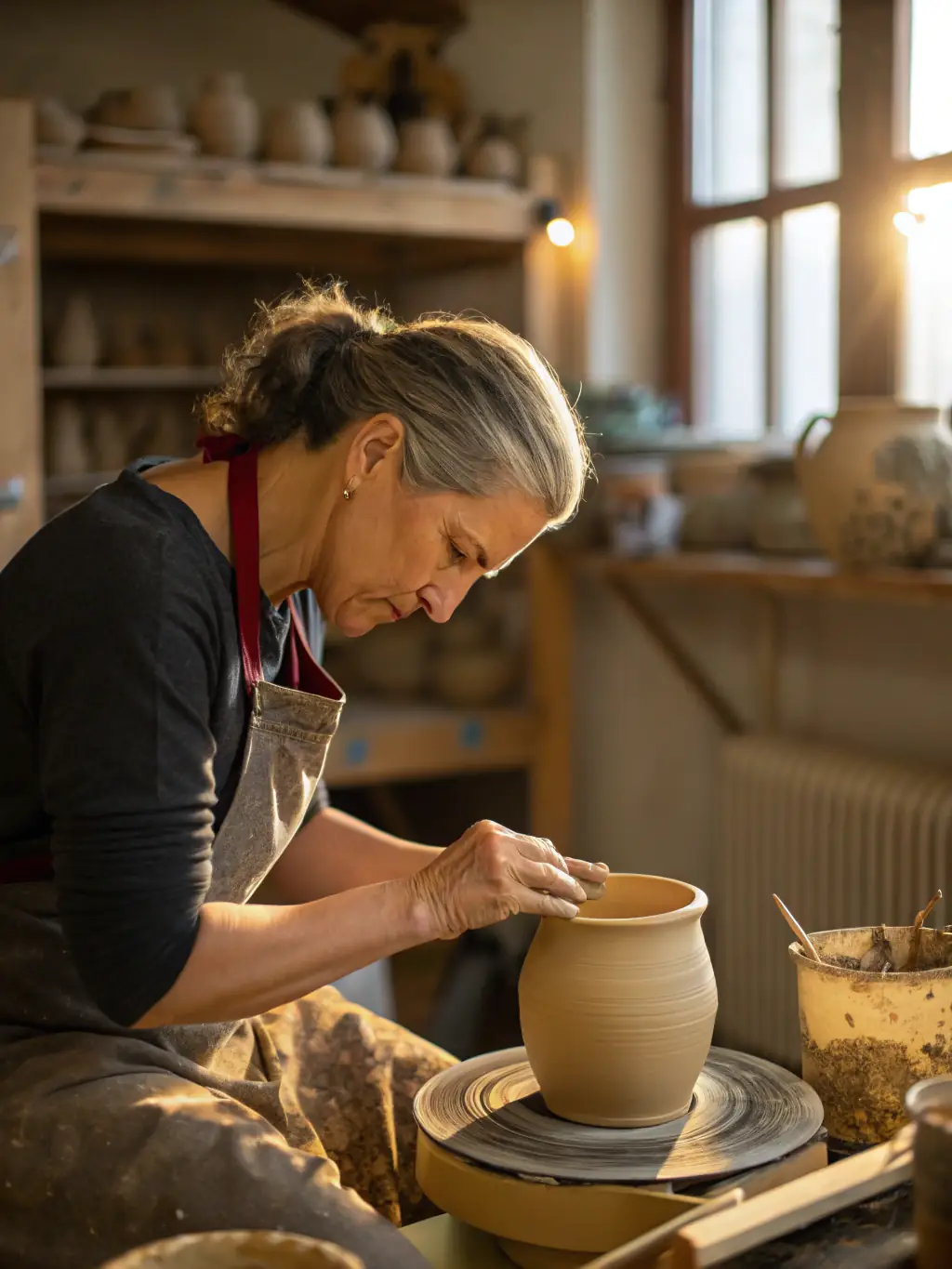 A close-up shot of hands shaping clay on a pottery wheel, with natural light highlighting the texture of the clay and the focused expression of the artisan. This image represents the hands-on pottery workshops offered by AU GRES DU FEU.