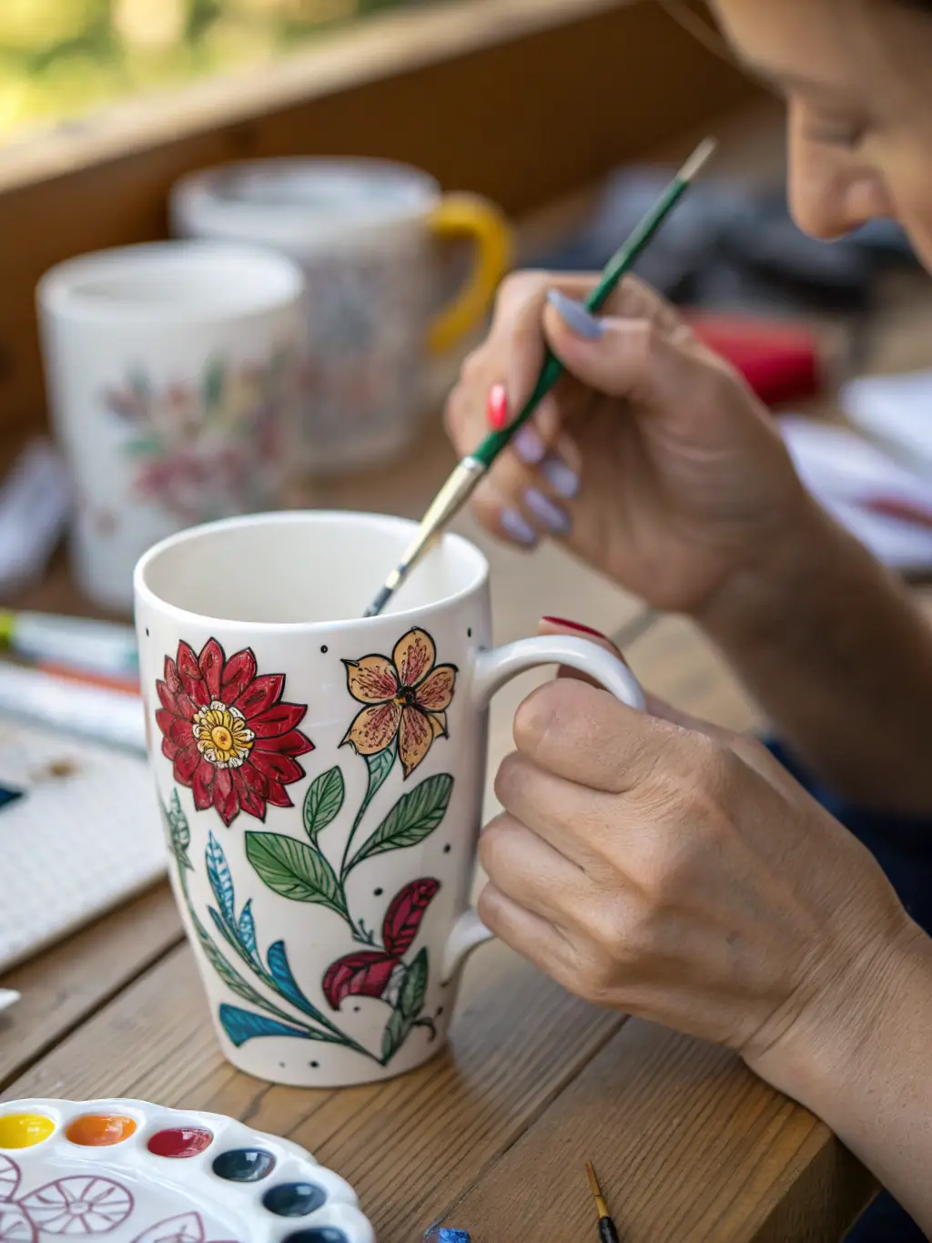 A close-up shot of hands carefully applying glaze to a ceramic piece, showcasing the intricate detail and artistic skill involved in the process.