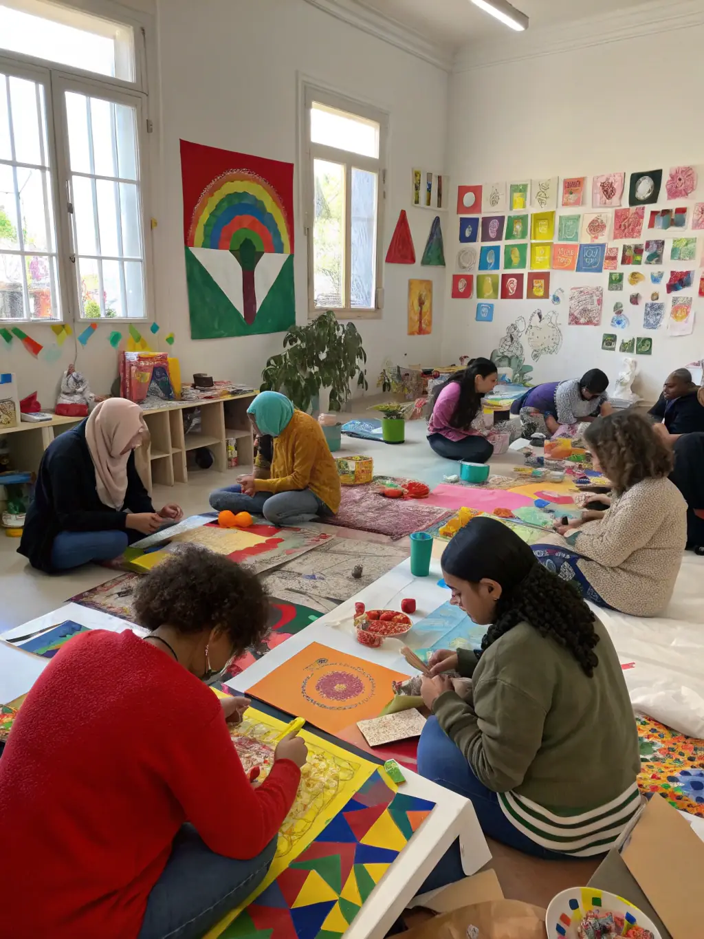 A group of people creating art using recycled materials, with a focus on colorful and imaginative designs. The setting is a bright and airy studio, emphasizing the creative and sustainable aspects of the program.